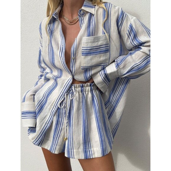 KIVARI Isabelle Linen 2 Piece Set Striped Shorts + Matching Shirt Size 6 AUS - Picture 1 of 9